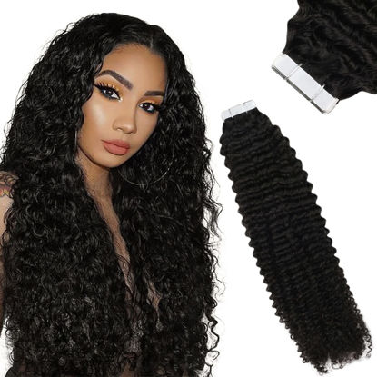 Picture of Sunny Tape in Hair Extensions Curly Black Tape in Extensions Real Human Hair Kinky Curly Tape on Hair Extensions For Women Natural Black Curly Tape Hair 20inch 20pcs 50g