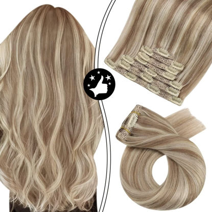 Picture of Moresoo Highlight Hair Extensions Clip in Human Hair 20inch Brown Highlighted with Blonde Real Human Hair Extensions 7Pieces 120Grams Thick Hair Extensions Clip in Real Human Hair