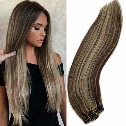 Picture of Hair Extensions Clip in Brown with Blonde Balayage Human Hair 15 Inch Short Straight Clip in Highlighted Remy Hair Extensions for Women 70grams 7pcs