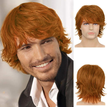 Picture of Wiwige Mens Orange Wig Short Layered Fluffy Natural Wig Synthetic Heat Resistant Halloween Cosplay Wig for Males