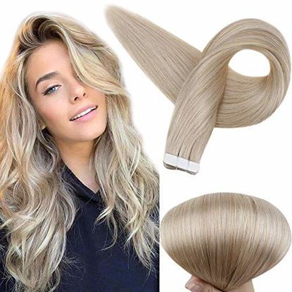 Picture of Full Shine Hair Tape in Human Extensions Pu Tape Color 14 Highlighted 60 Blonde Real Hair Extensions 16 Inch Silky Straight Skin Weft Human Remy Hair Extension 50 Grams 20 Pcs