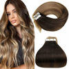 Picture of LAAVOO Balayage Human Hair Tape in Extensions Seamless Dark Brown to Chestnut Brown Mixed Golden Blonde Real Tape in Hair Extensions Human Hair Straight 20 inch Long 20pcs 50g