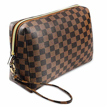 Picture of Checkered Makeup Bag Hand-held Cosmetic Pouch Shell Shape Cosmetic Bags Toiletry Travel Organizer for Women