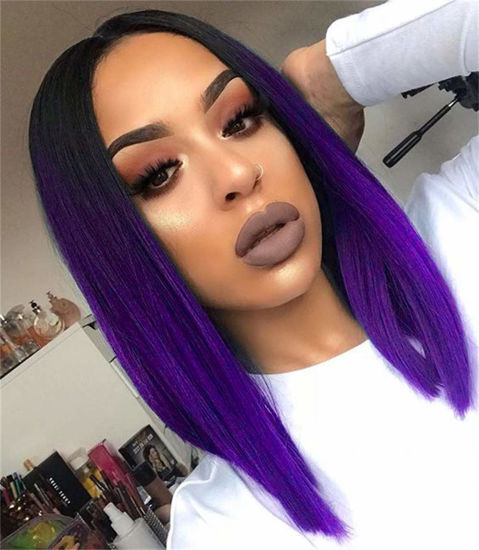 Picture of Quick Wig Ombre Wigs Purple Short Straight Bob Wig Black to Purple Middle Part Heat Resistant Fiber Synthetic Cosplay Party Wigs for Women