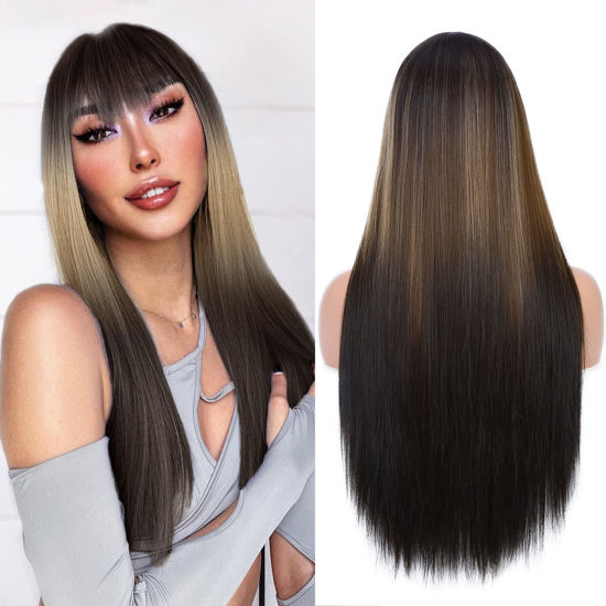 GetUSCart FAVE Long Straight Wig with Bangs Blonde Highlight Wigs