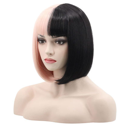 Picture of wildcos Short 12 Inches Straight Synthetic Cosplay Wig for Women (half black and half pink)