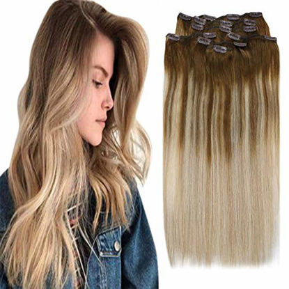 Picture of Sunny Clip in Hair Extensions Brown to Blonde 16 inch Hair Extensions Clip in Human Hair Medium Brown to Ash Blonde Mix Blonde 7pcs/120 gram