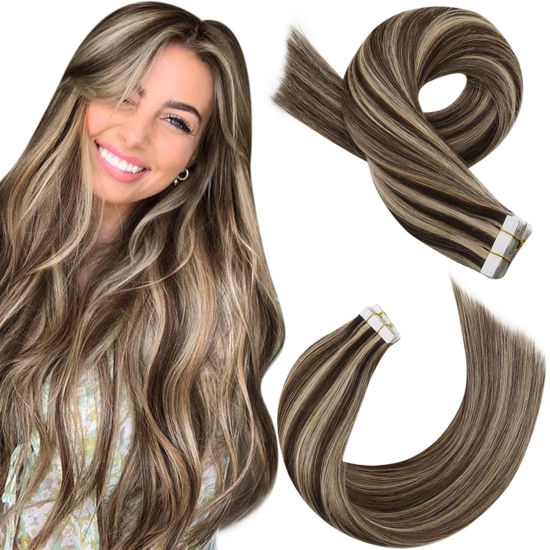 Picture of Moresoo Tape in Hair Extensions Human Hair Invisible PU Tape in Hair 12 Inch Seamless Tape on Brazilian Hair #4 Brown Highlighted with #27 Blonde Glue in Double Sided Tape in Real Hair 20pcs 30g