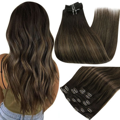 Picture of Full Shine Hair Extensions Clip in Human Hair Color 2/8/2 Clip in Hair Extensions Human Hair 18 Inch Balayage Clip in Extensions Brown Ombre Remy Human Hair Straight Double Weft Clip in 7 Pcs 120 Gram