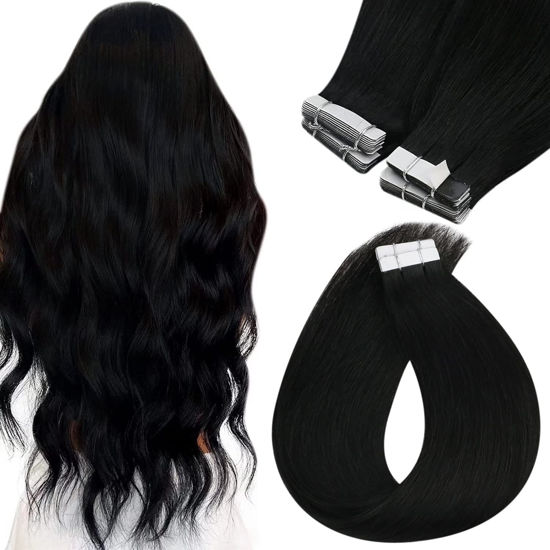 Picture of Sunny 28 inch Tape in Hair Extensions Long Black Tape in Human Hair Extensions Jet Black #1 Straight Hair Tape in Extensions Real Human Hair Seamless PU Tape in Black Hair Extensions 50g 20pcs