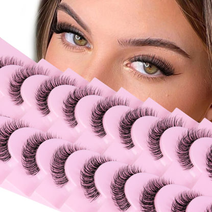 Picture of Calphdiar False Eyelashes Natural Look Lashes Wispy Cat Eye Faux Mink Eyelashes Clear Band Fake Eye Lashes Pack 10 Pairs