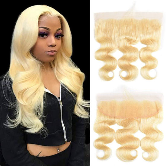 Picture of QTHAIR 12A Russian Blonde #613 Transparent Lace Frontal 100% Russian Blonde Human Hair for Women (18", #613 Honey Blonde Body Wave Frontal) Pre-plucked #613 Platinum Blonde #613 Body Wave Human Hair Lace Frontal