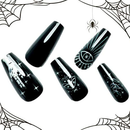 Picture of Press on Nails Medium Coffin Glamermaid, Black Gothic Evil Eye Acrylic Fake Nails with Design Glue on Nails Reusable Fake Nail Tips Glossy Finish 24 Pcs Manicure Art Set with 48 Adhesive Tabs Mini Nail File, Cuticle Stick Gift for Women Party Accessories