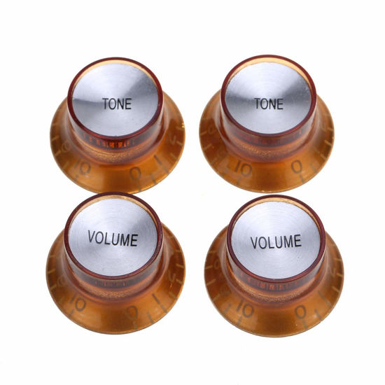 Picture of Musiclily Pro Metric Size Guitar Reflector Knobs Top Hat Bell 2 Volume 2 Tone Knobs Set for Epiphone Les Paul SG Electric Guitar, Amber with Silver Top