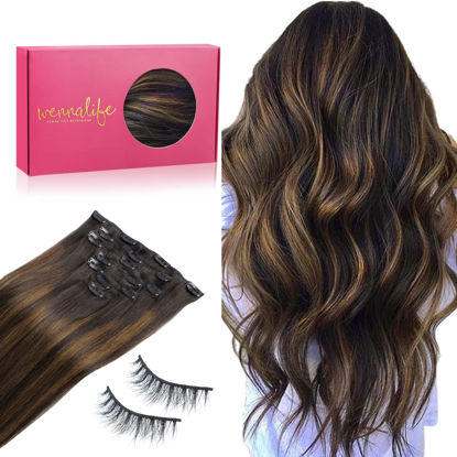 Picture of WENNALIFE Clip in Human Hair Extensions, 18 Inch 120g 7pcs Balayage Dark Brown to Chestnut Brown Hair Extensions Clip In Human Hair Remy Clip in Hair Extensions Real Human Hair Double Weft and 3D Mink Lashes Pack