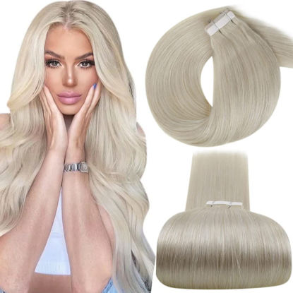 Picture of Tape in Hair Extensions Human Hair Platinum Blonde Seamless Tape Extensions Real Human Hair Double Sided Soft Hair Extensions Tape Blonde 16inch 20pcs 50g