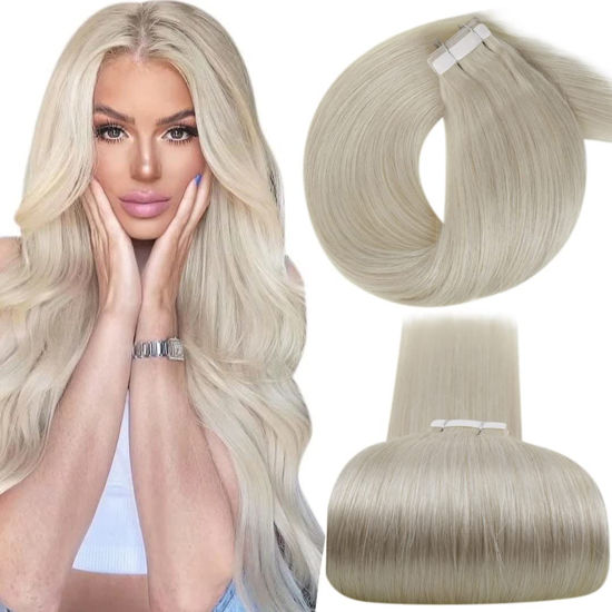 Picture of Tape in Hair Extensions Human Hair Platinum Blonde Seamless Tape Extensions Real Human Hair Double Sided Soft Hair Extensions Tape Blonde 16inch 20pcs 50g