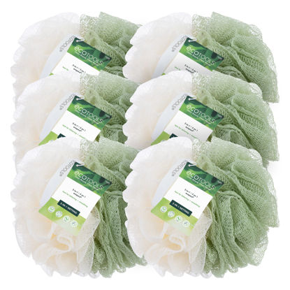 Picture of EcoTools 2-in-1 Recycled Netting Exfoliating & Gentle Cleansing Ecopouf, Bath Loofah for Exfoliation and Deep Cleanse, Shower Sponge for Men & Women, 6 Count