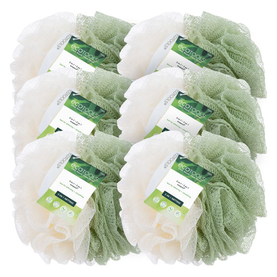 Picture of EcoTools 2-in-1 Recycled Netting Exfoliating & Gentle Cleansing Ecopouf, Bath Loofah for Exfoliation and Deep Cleanse, Shower Sponge for Men & Women, 6 Count