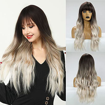 Picture of BOGSEA Ombre Ash Blonde Wig with Bangs long Wave Wigs for Women Synthetic Gray Blonde Wig Dark Roots 24 Inch Wavy Wig Daily Use(Ombre Ash BLonde)