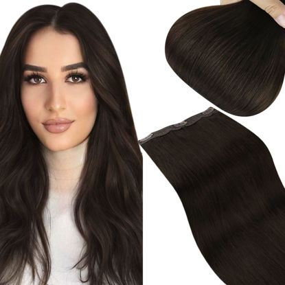 Picture of Sunny One Piece Remy Human Hair Dark Brown With Clip One Piece Clip on Hair Extensions Real Human Hair Darkest Brown Clip on Extensions Dark Brown One Piece 3/4 Clip 70g 20inch