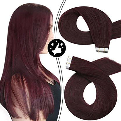 Picture of Moresoo Wine Red Hair Extensions Tape in Human Hair Extensions 24 Inch Adhesive Tape Hair for Women 20pcs Solid Color #99J Wine Red Glam Seamless Hair Extensions 50g