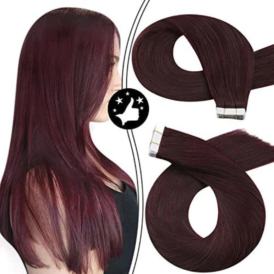 Picture of Moresoo Wine Red Hair Extensions Tape in Human Hair Extensions 24 Inch Adhesive Tape Hair for Women 20pcs Solid Color #99J Wine Red Glam Seamless Hair Extensions 50g