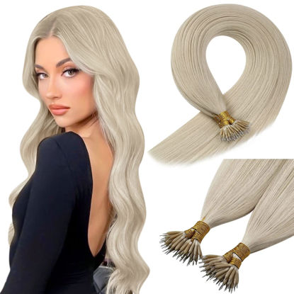 Picture of Sunny Blonde Nano Tip Hair Extensions Platinum Blonde Remy Nano Ring Hair Extensions Real Human Hair Blonde Nano Hair Extensions For White Women Pre Bonded Hair Extensions 50g 16inch