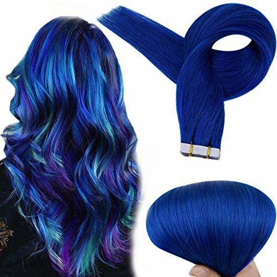 Picture of Full Shine Tape in Hair Real Remy Hair Extensions Double Sided Tape Straight Brazilian Hair Color Blue 25g Per Pack 22 Inch for Women Glue on Hair