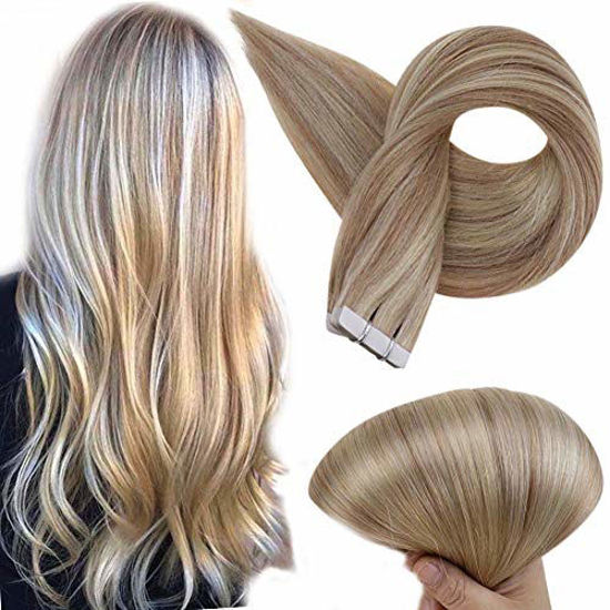 Picture of Full Shine 24 Inch Adhesive Tape In Hair Extensions Piano Color 18 Ash Blonde Highlight With 613 Blonde Seamless Skin Weft Double Side Brazilian Remy Hair Extensions Human Hair 50 Grams 20 Pieces