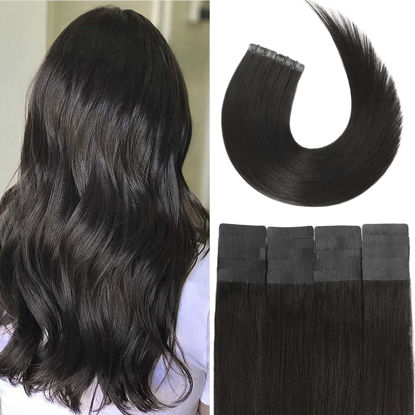 Picture of Tape in Hair Extensions 1B Naturl Black 100% Remy Human Hair Extensions Silky Straight for Fashion Women 20 Pcs/Package(24Inch #1B 70g)