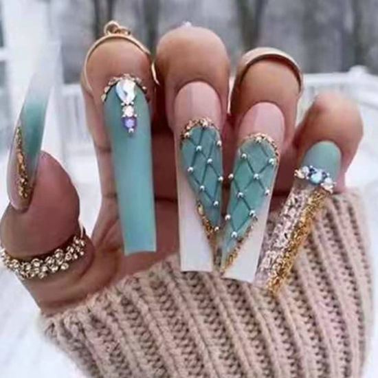 Picture of YoYoee Luxury Blue Fake Nails Coffin Long Press on Nails Acrylics Full Cover Rhinestones False Nails Tips for Women and Girls 24PCS