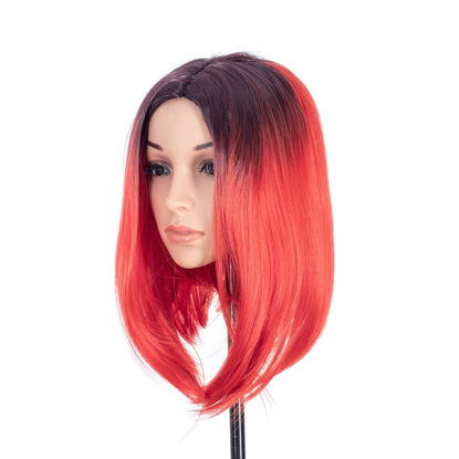 Picture of SWACC Ombre Colors Straight Short Hair Bob Wig Synthetic Colorful Cosplay Daily Party Flapper Wig for Women and Kids with Wig Cap (Red)