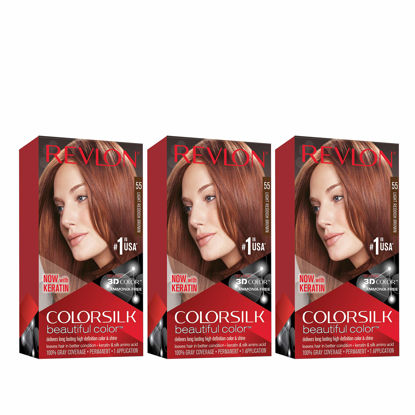 Picture of Permanent Hair Color by Revlon, Permanent Hair Dye, Colorsilk with 100% Gray Coverage, Ammonia-Free, Keratin and Amino Acids, 55 Light Reddish Brown, 4.4 Oz (Pack of 3)