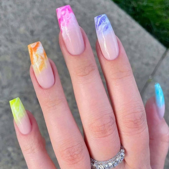 Picture of YoYoee Long Coffin False Nails Cute Gradient Press on Nails Tips Color Fake Nails Acrylic Full Cover Stick on Nails for Women and Girls 24Pcs