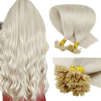 Picture of LAAVOO Hair Exensions Platinum Blonde U Tip Real Human Hair Extensions Solid Color #60 Pre Bonded U Tips Fusion Hair Extensions Blonde Utips Keratin Extesions Skily Straight Hot Fusion 50g 50s 16 Inch