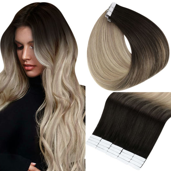 Picture of Full Shine Tape in Remy Hair Extensions 50 Gram Skin Weft Tape Hair Extensions 16 Inch Darkest Brown Fading to Ash Blonde and Platinum Blonde Tape in Extensions 20Pcs