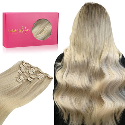 Picture of WENNALIFE Clip In Human Hair Extensions, 14 Inch 120g 7pcs Ash Blonde to Golden Blonde and Platinum Blonde Ombre Clip in Human Hair Remy Clip in Hair Extensions Real Human Hair Double Weft