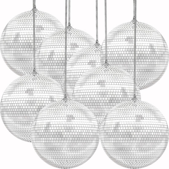 Picture of The Dreidel Company Mirror Disco Ball, Silver Hanging Ball with Attached String for Ring, Reflects Light, Fun Party Home Bands Decorations, Party Favor, 8" Inch (8-Pack)