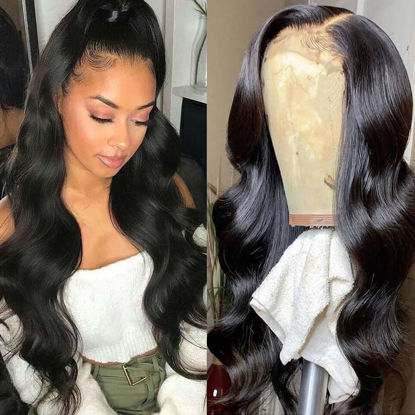 Picture of Larhali Ucrown Hair Body Wave 5x5 Transparent Lace Closure Wigs for Black Women Brazilian Unprocessed Virgin Human Hair Lace Front Wigs PrePlucked with Baby Hair 150% Density Natural Black (5x5,24in)