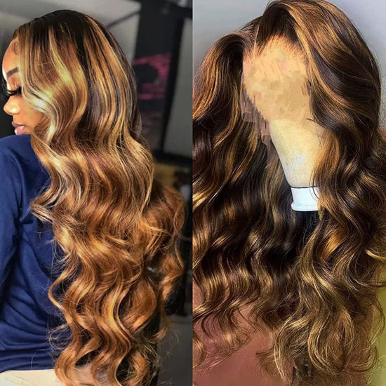  lanxihair 200% Density Highlight Ombre Lace Front Wig Human  Hair 26inch 13x4 HD Transparent 4/27 Honey Blonde Lace Frontal Wigs Brown  Colored Balayage Glueless Body Wave Lace Front wigs Human