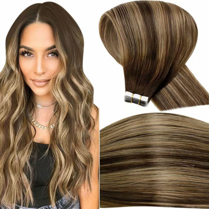 Picture of LaaVoo Tape in Hair Extensions Brazilian Hair 18 Inch Human Hair Tape in Extensions 100g Color #4 Ombre #18 Ash Blonde with #4 Brown Hair Extensions Tape in Silky Straight Hair 40 Pieces