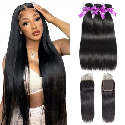 Picture of Straight Bundles with Closure Human Hair 18 20 22+16 Brazilian Human Hair Bundles with Closure Straight 100% Unprocessed Virgin Weave Hair Bundles with Closure 10A Bundles Human Hair with Lace Closure