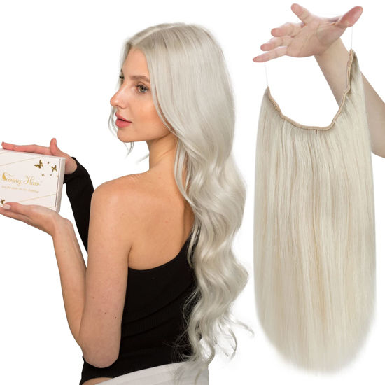 Picture of Sunny Fishing Line Hair Extensions Platinum Blonde #60 Secret Wire Hair Extensions Blonde Real Human Hair Fishing Line Extensions Hidden Wire Remy Hair Extensions Blonde Silky Straight 18inch 80g