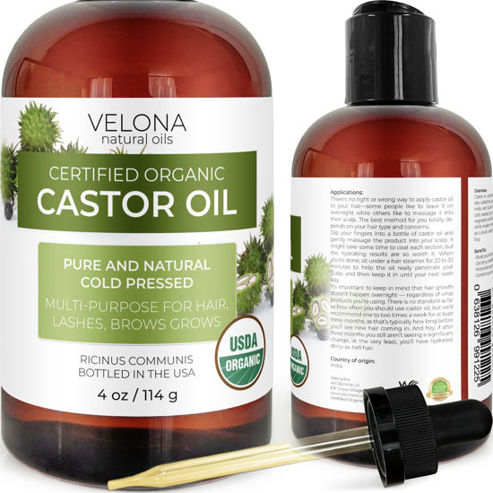 Picture of velona USDA Certified Organic Castor Oil - 4 oz (With Dropper) | For Hair, Boost Eyelashes, Eyebrows | Cold pressed, Natural Oil USP Grade | Hexane Free, Lash Growth Serum, Caster Oil, Cap Kit…