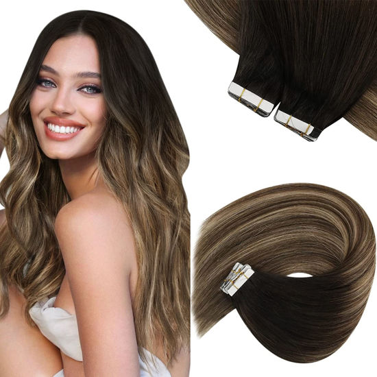 Picture of Sunny Tape in Hair Extensions Black Ombre Invisible Tape on Human Hair Extensions Balayage Black Ombre Dark Brown with Ash Brown Tape ins Hair Extensions Real Human Hair Skin Weft 18inch 50g 20pcs