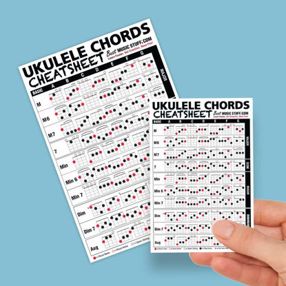 Picture of Small + Large Ukulele Chords Cheatsheet Bundle - Laminated and Double Sided Pocket Reference 4"x6" and 6"x9" • Best Music Stuff