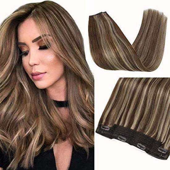 Picture of Sunny 16" Halo Remy Hair Extensions Dark Brown with Caramel Blonde 80g Real Remy Human Hair