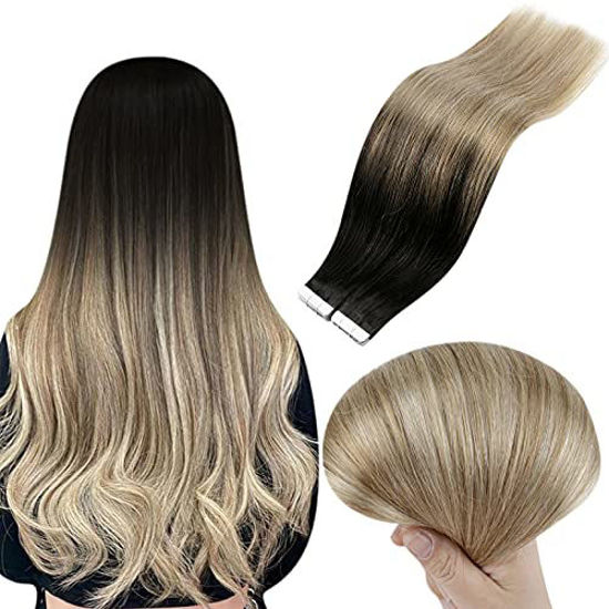 Picture of Full Shine Tape in Hair Extensions Human Hair Balayage Black to Ash Brown and Light Blonde 20 Inch 100g 40pcs Remy Human Hair Extensions Tape in Straight