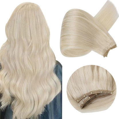 Picture of Sunny Real Human Remy Hair Extensions Microbeads Platinum Blonde Microlink Weft Hair Extensions Human Hair Double Weft Blonde Human Hair Extensions Ez Wefts 20inch 50g